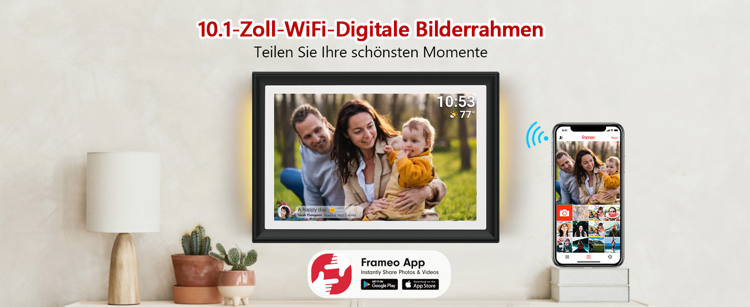 FRAMEO Цифровий фоторамка 15.6 дюймів WiFi, FHD 1920x1080, 32GB, IPS сенсорний екран, автоповорот, кріплення на стіну. Діліться фото та відео через додаток FRAMEO