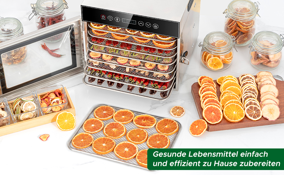 Сушарка для продуктів Kwasyo Edelstahl 750W з 8 рівнями, цифровим таймером, регулюванням температури та захистом від перегріву