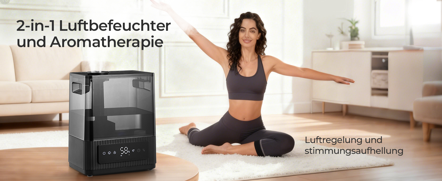 Ультразвуковий зволожувач повітря на 6л для великих кімнат, дитячої та спальні: безшумний холодний випарник з датчиком вологості, аромадифузором та верхнім заповненням, до 60 год роботи