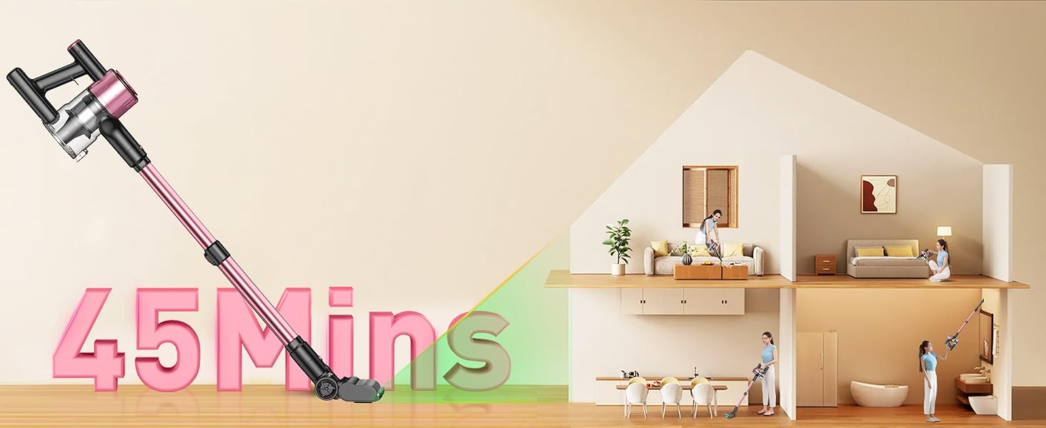 Бездротовий акумуляторний пилосос 45000Pa/500W/45хв з LED дисплеєм та антизаплутана насадка, висувний шланг 73см для твердих поверхонь, килимів та шерсті тварин, рожевий