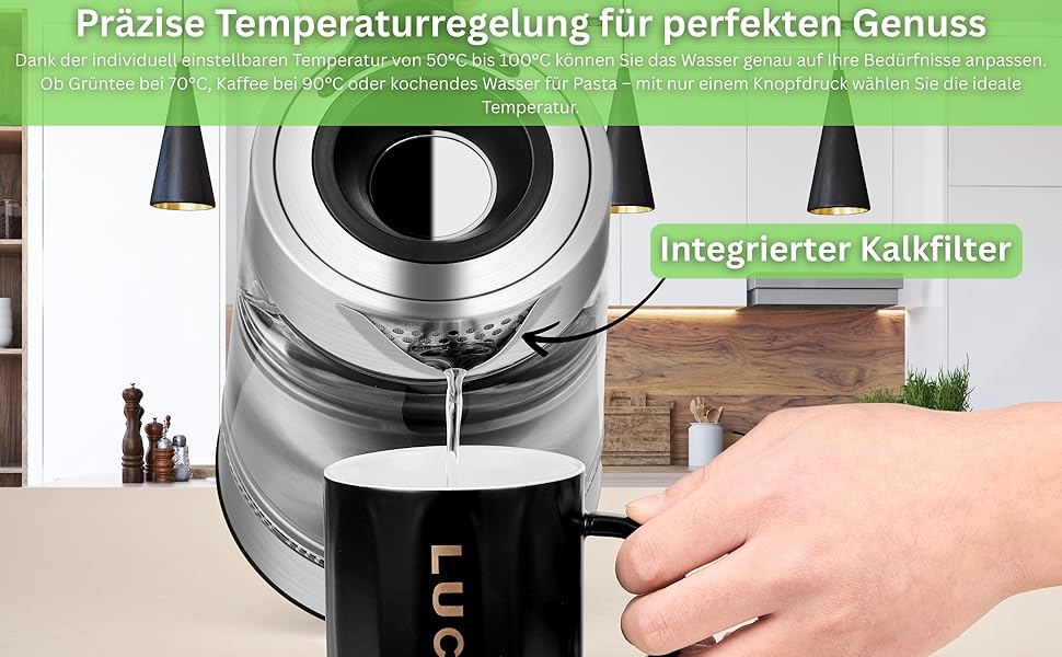 Електричний чайник-заварник зі скла та нержавіючої сталі, 1.7 л, 2200 Вт, з регулюванням температури, з підсвічуванням, BPA Free