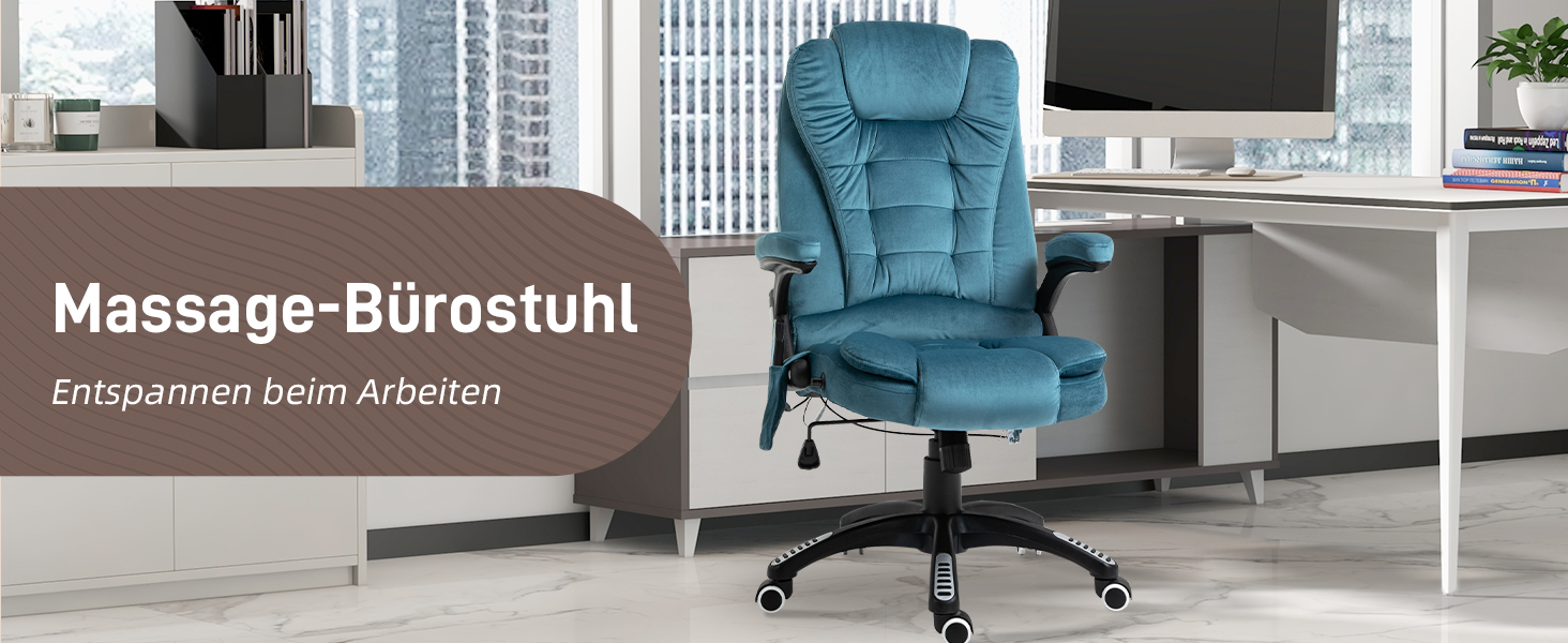 Крісло офісне Vinsetto з масажем, підігрівом, регулюванням нахилу та функцією лежання, блакитне, з кишенькою, з велюру, для офісу та дому