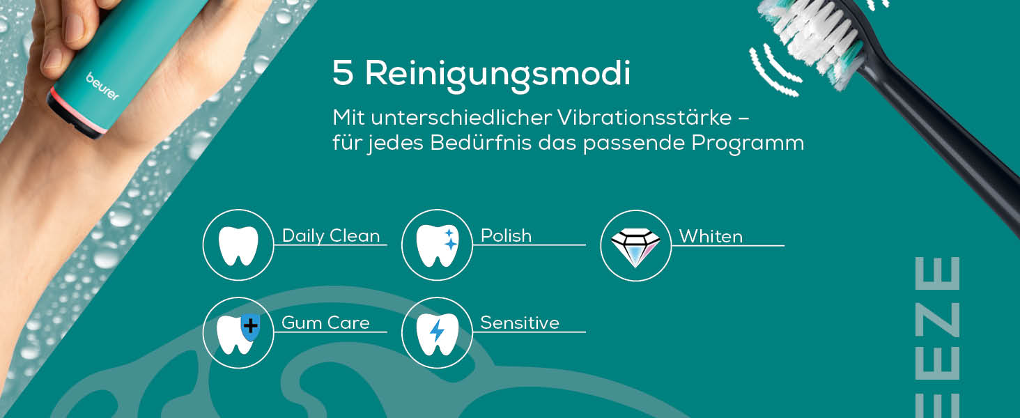 Електрична зубна щітка Beurer SC 30 Ocean Breeze: 4 режими чищення, 80 000 коливань, таймер, LED-дисплей + 2 насадки, корпус з переробленого пластику
