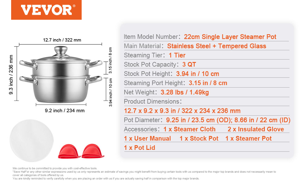 Пароварка VEVOR 22 см з нержавіючої сталі зі скляною кришкою, 1 ярус, для овочів, риби, супу, пельменів