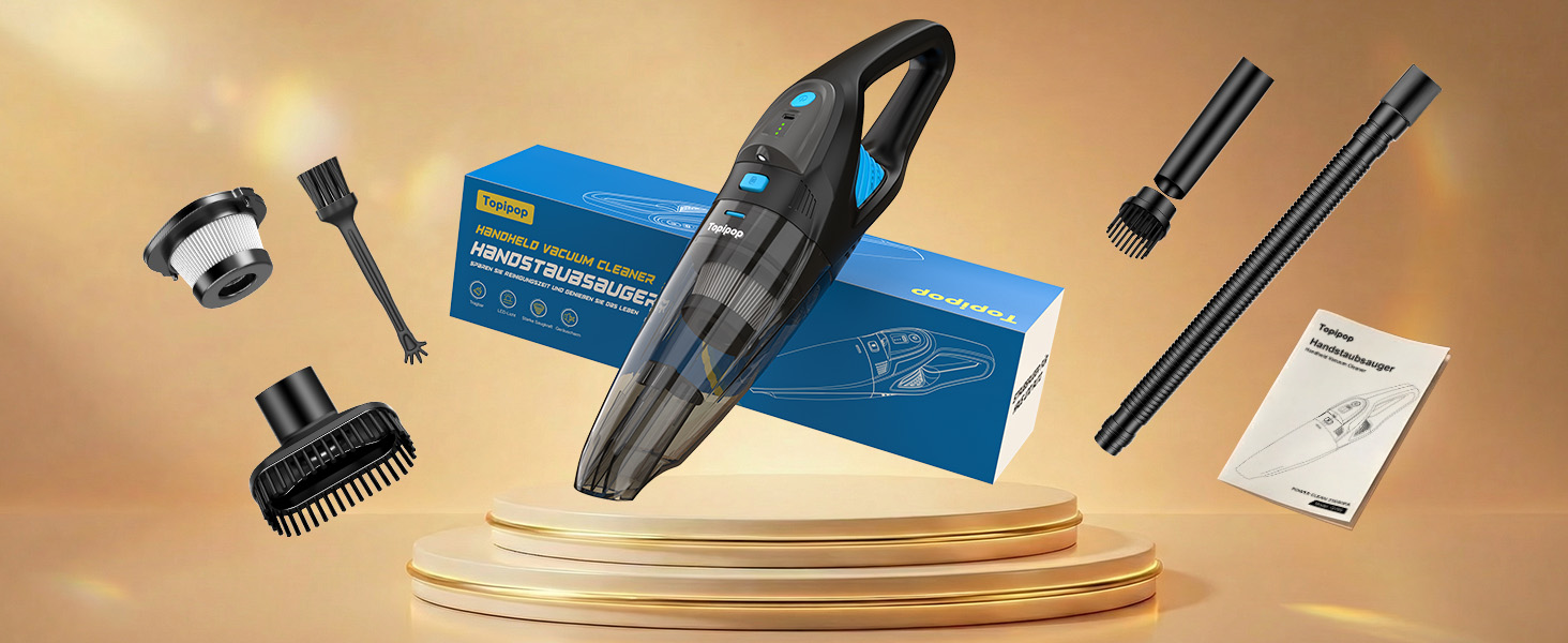 Акумуляторний ручний пилосос для авто та дому, потужність 25000Па, бездротовий з HEPA-фільтром та набором насадок, для шерсті тварин та килимів (Чорний)