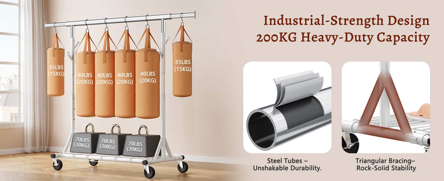 Стійка для одягу на колесах FAVOOOSTY, металева, мобільна, до 200 кг, швидка установка, білий колір, 1 перекладина