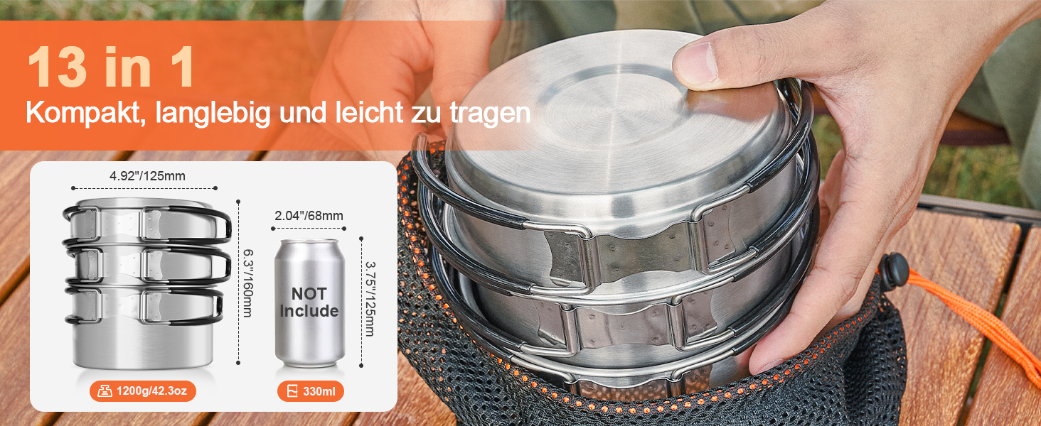 Набір посуду для кемпінгу Odoland: каструля, сковорода, тарілки, миски, столові прибори (13 предметів). Нержавіюча сталь, антипригарне покриття, для пікніків, походів та кемпінгу.