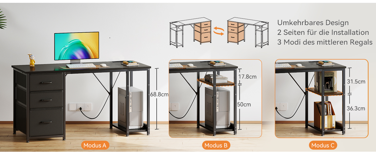Комп'ютерний стіл Coleshome з висувними ящиками з тканини, 130x48 см. 2 розетки та 2 USB-порти для зарядки. Стільниця з полицею, реверсивний офісний стіл для дому та офісу (Чорний, 130x48x75.7 см)