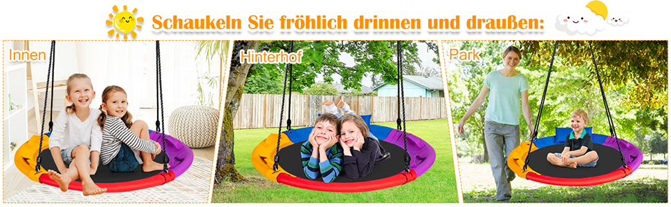 Шоукель-гніздо COSTWAY з подушкою та ручками, дитяча гойдалка з регульованим тросом 100-180 см, вантажопідйомність до 150 кг для дітей та дорослих, для використання в приміщенні та на вулиці, кольорова