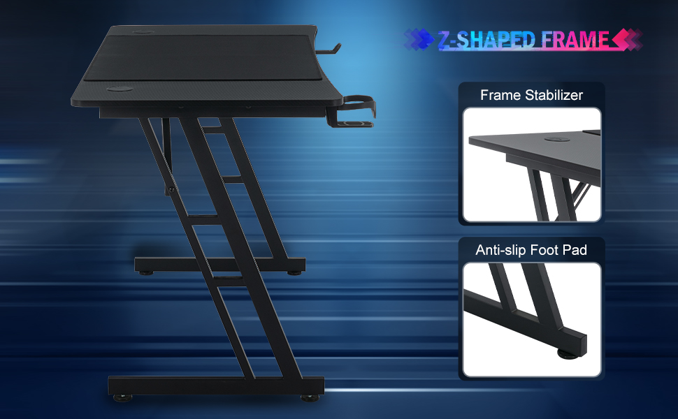 Ігровий стіл 120x60 см з А-подносінням, стіл для комп'ютера з тримачем для напоїв та гачком для навушників, карбонове покриття, стійкий, ергономічний для дому та офісу