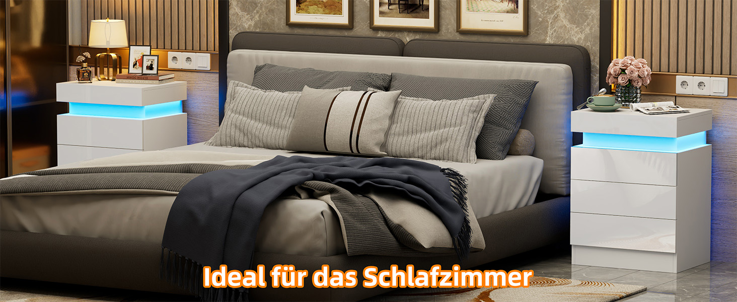 Нічний столик білий з екошкірою, 3 висувні ящики та шафка з відкидною кришкою, 45x35x61 см