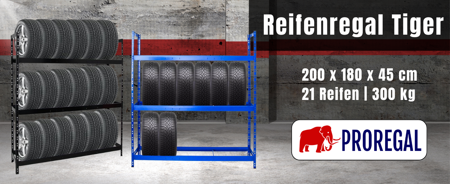Стелаж для шин PROREGAL Tiger XL: 200x180x45 см, 300 кг навантаження, до 21 шини (205/55 R16), блакитно-помаранчевий, для майстерні, складу, підвалу