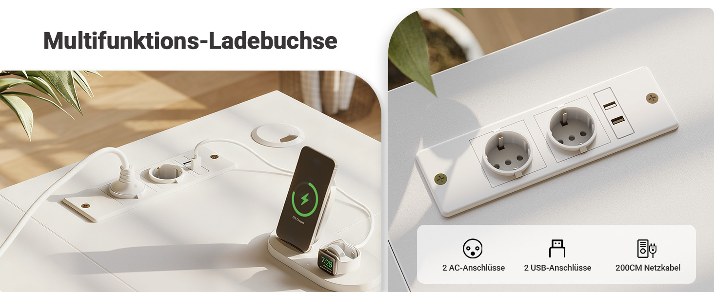 Кутовий офісний стіл Claiks L-подібної форми з 4 ящиками, USB-зарядкою та розеткою, 140x80 см, білий