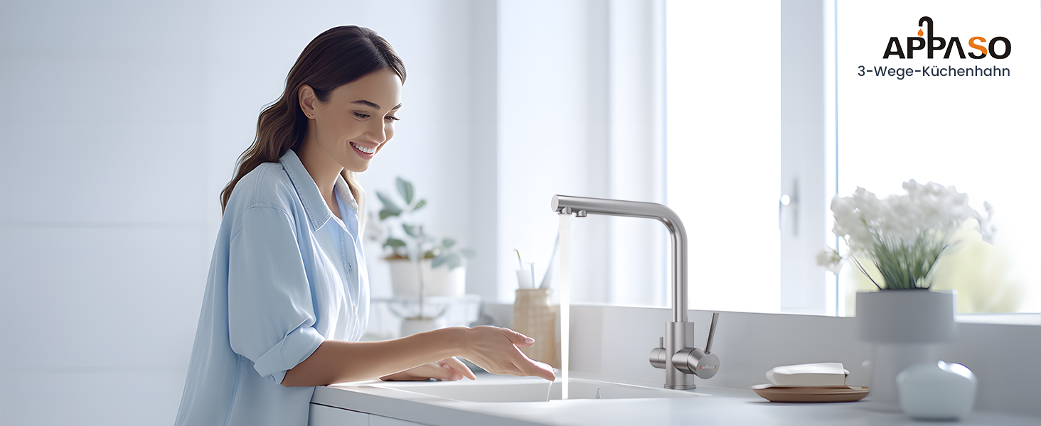 Змішувач кухонний APPASO 3 в 1 з фільтром для води, нержавіюча сталь, поворотний на 360°, двовентильний