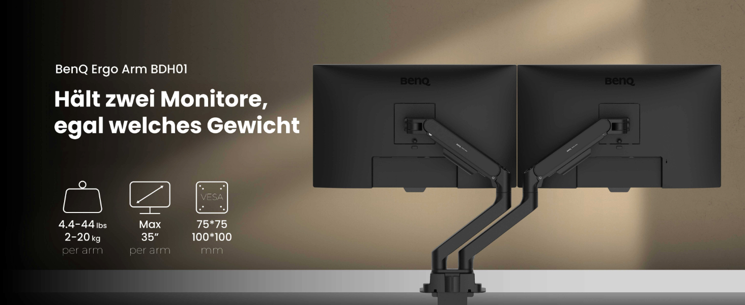 Кріплення для монітора BenQ BSH01 Ergo – настінне кріплення для монітора до 45 дюймів, 20 кг, стабільна конструкція, VESA 75x75/100x100mm, чорний
