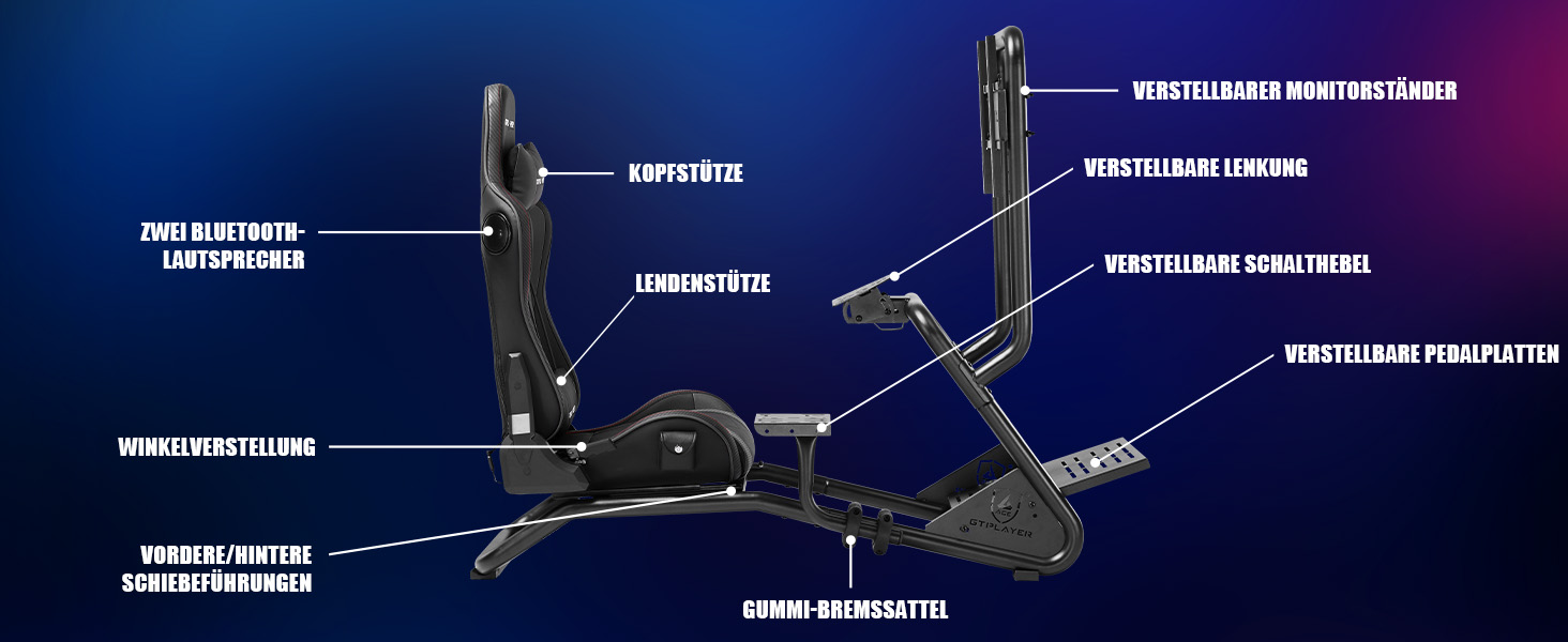 Ігровий симулятор GTPLAYER Simulator Cockpit: стійка для керма з 3D-стереодинаміками, тримачем для монітора, педалей та важеля КПП, регульована, чорна