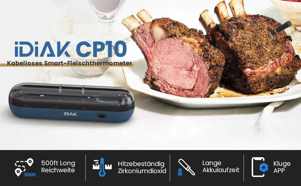 Бездротовий термометр для м'яса для гриля та копчення, 500FT, Bluetooth, для BBQ, духовки, гриля, коптильні, Sous Vide - блакитний