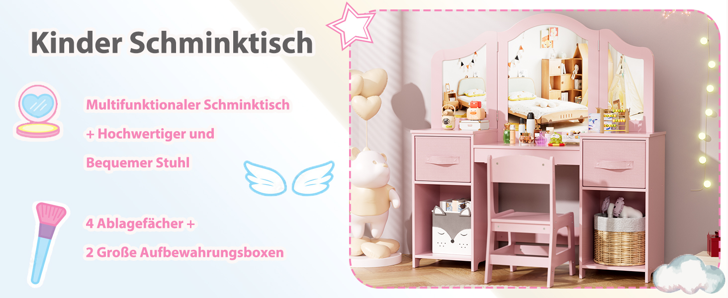 Дитячий туалетний столик MAMIZO 2 в 1 з дзеркалом та стільчиком, рожевий, з 2 висувними ящиками