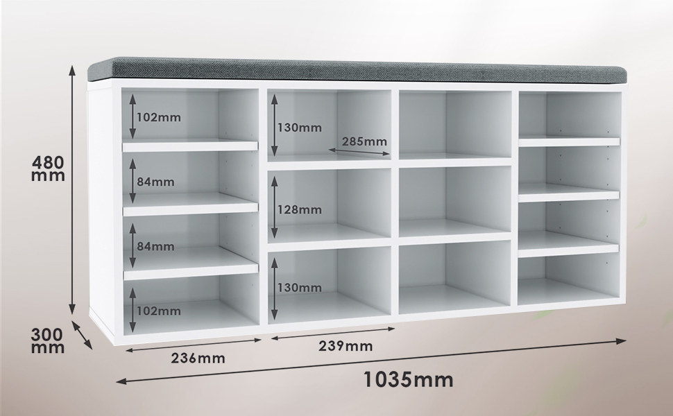 Підставка для взуття SONNI з сидінням, 103,5x30x48 см, регульовані полиці, місце для зберігання, подушка для сидіння