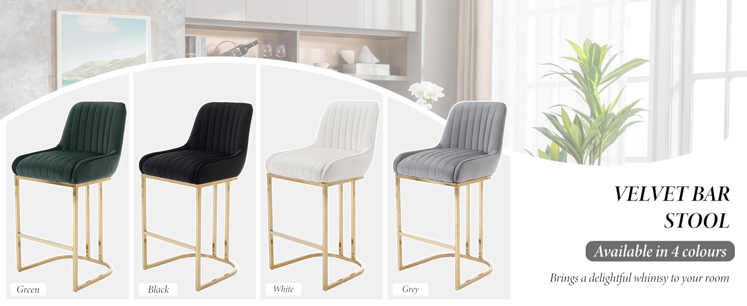 Набір з 2 барних стільців з велюру з золотистими металевими ніжками, з підлокітниками, для кухонного острова/домашнього бару, сірий