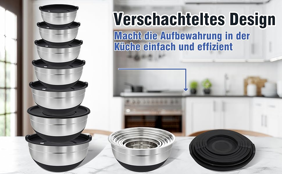 Набір міксерів BEWOS 7 шт. з кришкою, нержавіюча сталь, різні розміри, з терткою, антиковзаюче дно, чорний