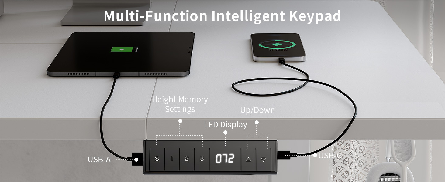 FEZIBO Стол підйомний електричний з USB-A та USB-C, 160 x 80 см, білий. Ергономічний стіл для дому та офісу