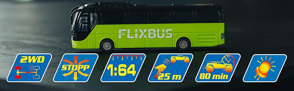 Автобус на радіокеруванні Carson FlixBus 2.4GHz, іграшка для дітей від 8 років, колірний, час роботи до 60 хв