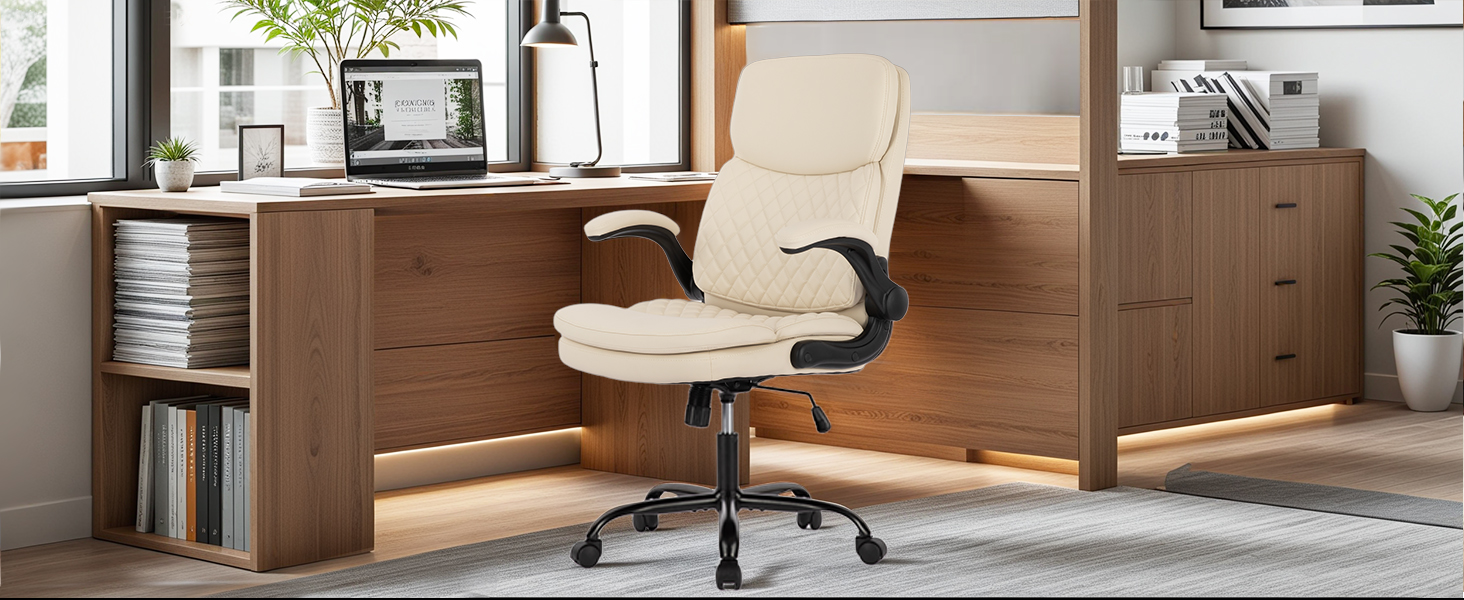 Офісний крісло Colamy: ергономічний, з високою спинкою, регульовані підлокітники, шкіряне покриття (слонова кістка)