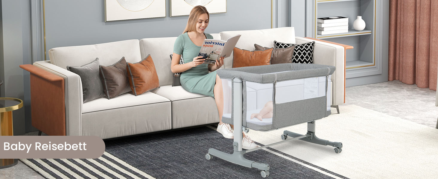 DREAMADE Beistellліжко 2-в-1 з регулюванням висоти, 5-рівнів, для новонароджених, з матрацом та колесами, 86 x 63 см, нахил 10°, сірий колір