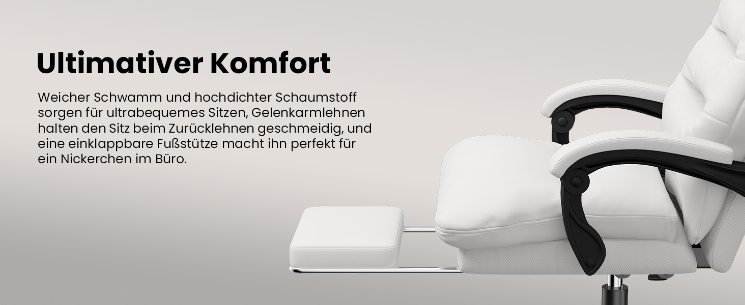 Ергономічне крісло для офісу Naspaluro з підніжкою, комп'ютерне крісло з двошаровою подушкою, високою спинкою, функцією відкидання, регулюванням висоти, з PU-шкіри, до 150 кг (Білий, Штучна шкіра)
