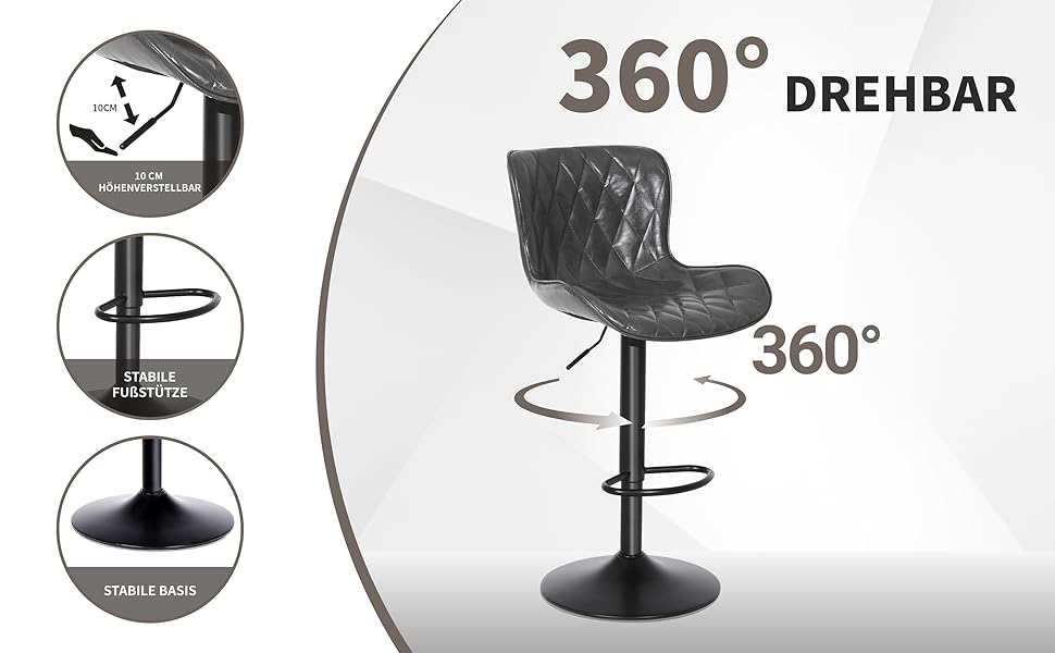Барні стільці Youhauchair 3 шт., шкіряні, регульовані по висоті, з підніжкою та спинкою, сірі