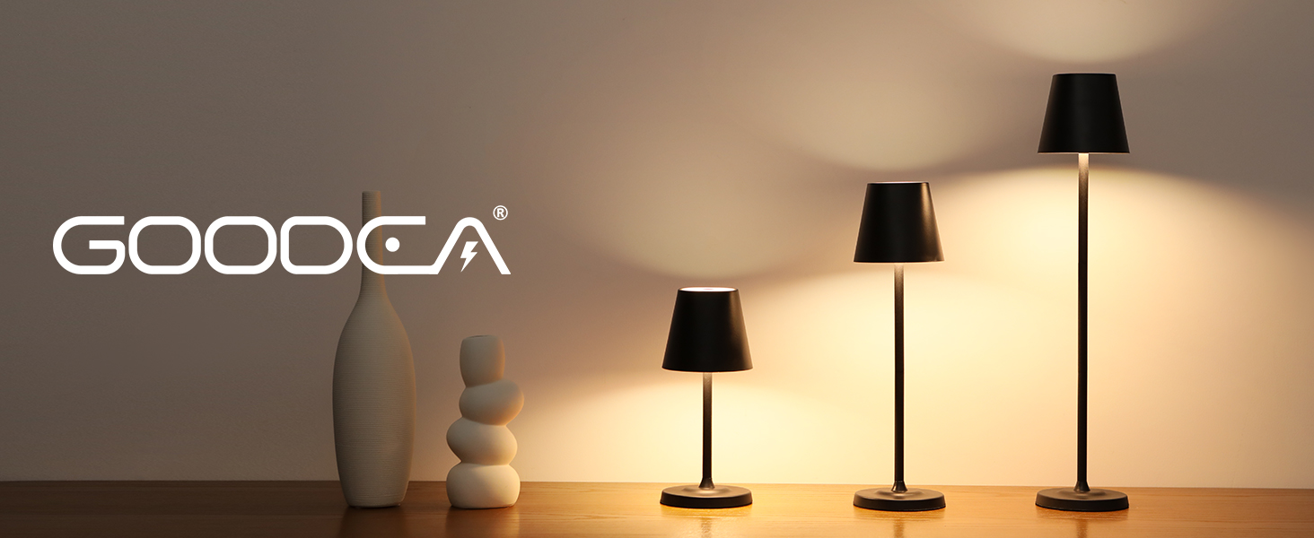 LED лампа настільна бездротова GOODEA з регулюванням висоти, 5500mAh, 3 кольори, диммування, вологостійка, з сенсорним керуванням, алюміній, для вітальні, спальні, тераси, чорна, набір 2 шт.