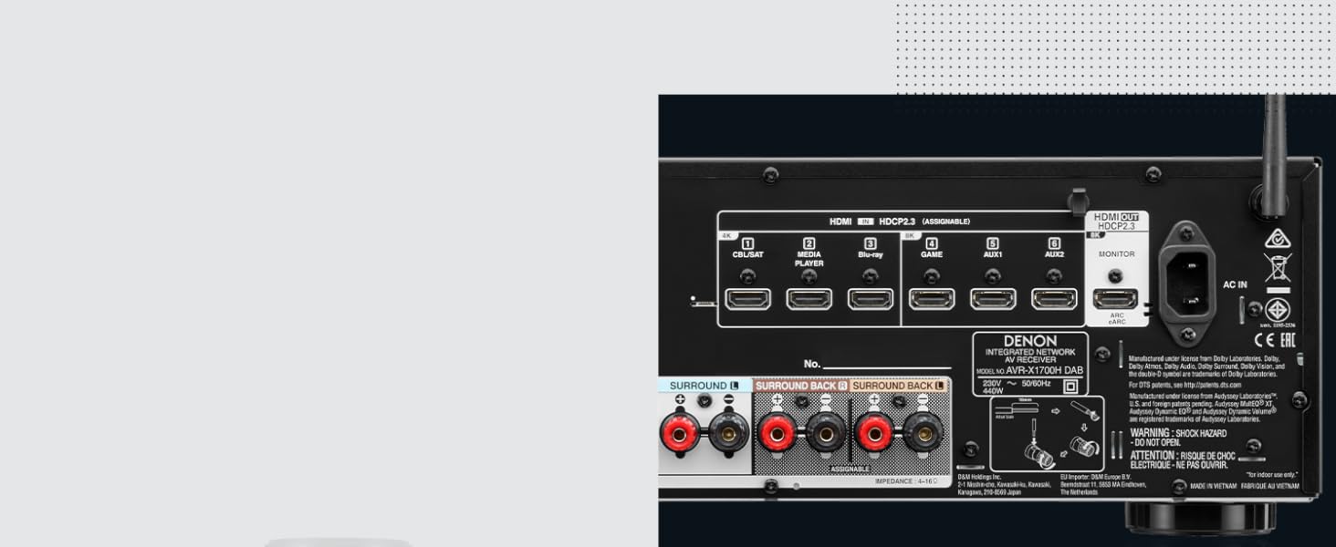 Канальний AV-ресивер Denon AVR-X1700HDAB, Dolby Atmos, DTSX, 8K HDMI, Bluetooth, Wi-Fi, HEOS, Alexa, 7.2-