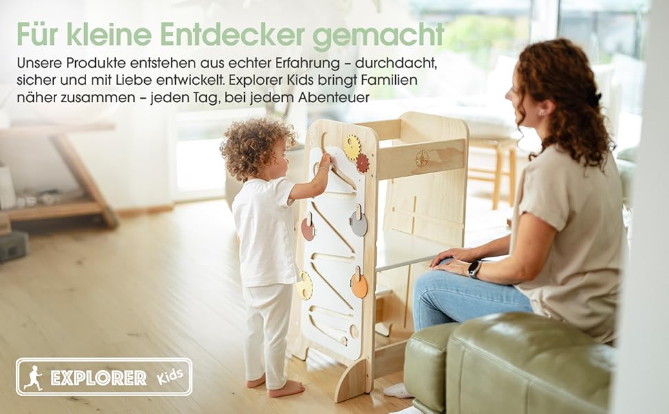 Дитячий навчальний столик-лесенка EXPLORER Kids® 5-в-1 | Монтессорі | Регульована висота, захист від перекидання | Розвиває моторику, вивчення чисел та форм | Дерев'яний, білий та салатовий | Від 1 року