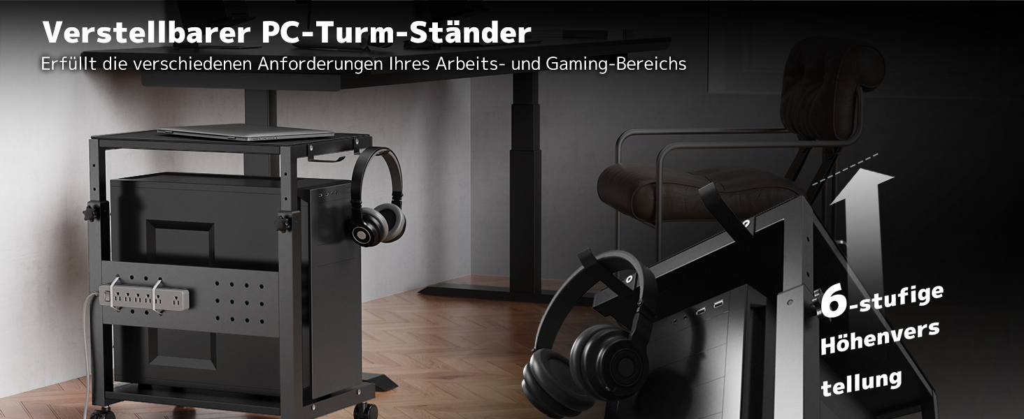 Регульована підставка для ПК PUTORSEN з 2 рівнями, з роликами та підкладкою для миші, чорна (Mid-Tower)