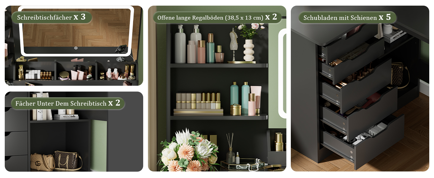 Дзеркальний столик для макіяжу Devoko з LED-підсвічуванням та пуфом, кутовий туалетний столик з розеткою, 5 ящиків, відкриті полиці, тримач для фену, для спальні (Білий) (Чорний)