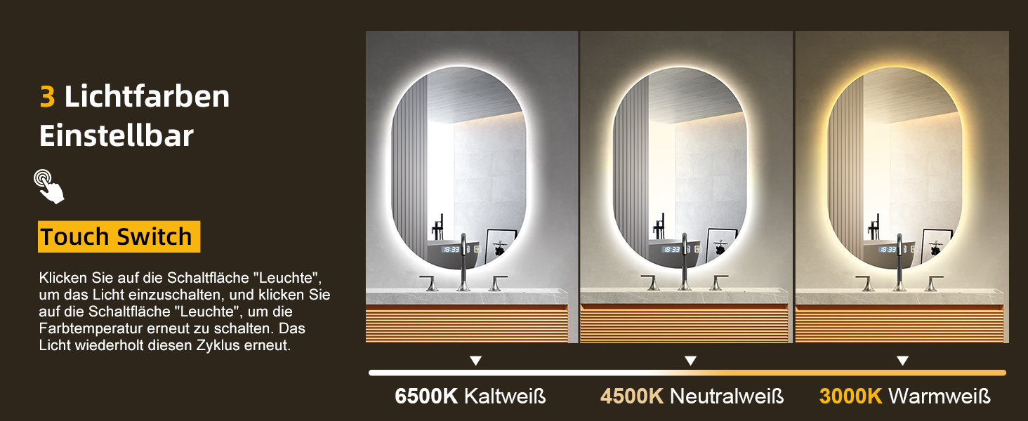 Дзеркало для ванної кімнати з підсвічуванням 50x70 см з підігрівом, годинником, LED, сенсорне управління, пам'ять, 3 кольори світла, регулювання яскравості
