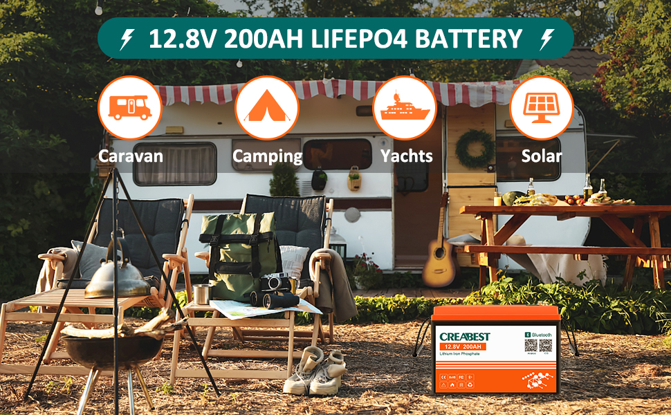 Акумулятор 12V 200Ah CREABEST LiFePO4, інтегрований BMS, Bluetooth, 2560 Вт, для автофургону, сонячної системи, поза мережею