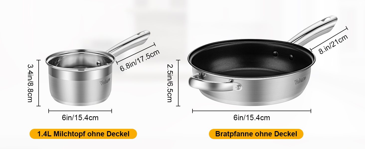 Набір каструль з нержавіючої сталі Velaze, індукційний, 5 каструль, 1 сковорода, 1 сковорода для молока, 2 вставки для приготування на пару, скляна кришка