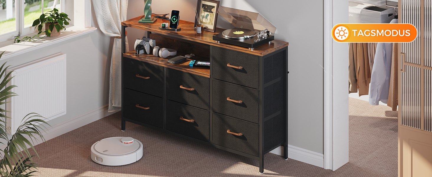 Комод Coleshome з висувними ящиками, LED-підсвічуванням, 2 USB-портами та розетками, 7 тканинних ящики, 132*30*89 см (Ретро колір)