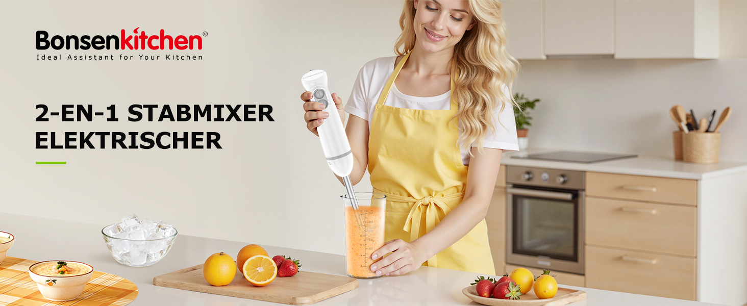 Блендер-подрібнювач Bonsenkitchen 2-в-1, 1000 Вт, нержавіюча сталь, 2 швидкості, з мірним стаканом 700 мл для дитячого харчування, супів, смузі та пюре