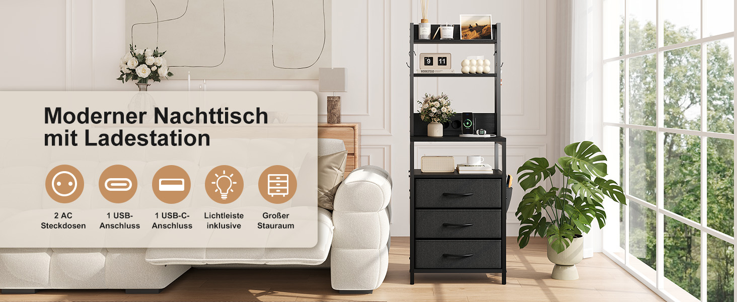Нічний столик з підзарядкою та LED, приліжний столик з 3 висувними ящиками з тканини, нічник з полицею для книг, відкрите відділення, 2 розетки AC, 1 USB та 1 Type C роз'єми, для спальні, вітальні, офісу (Чорний) 40x30x60 см Чорний 1