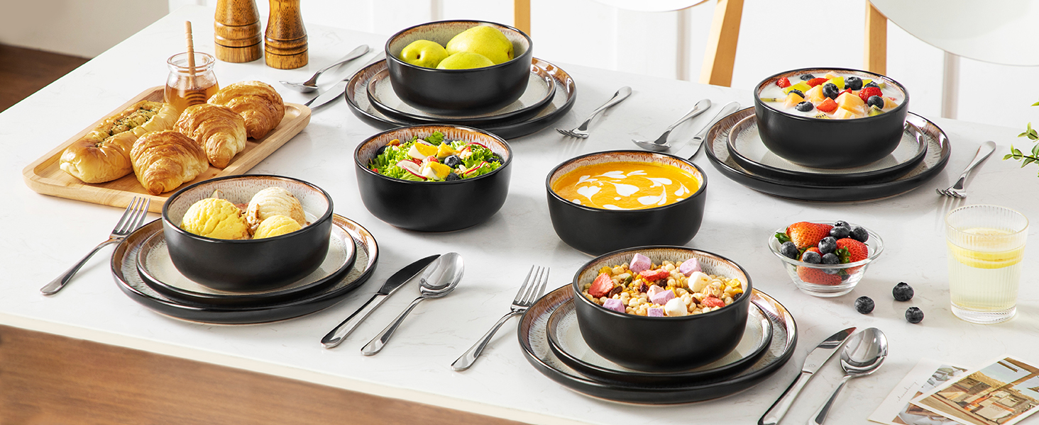 Набір посуду Vancasso AMBER на 12 осіб, 48 предметів: тарілки обідні, десертні, супові, миски. Реактивна глазур, жовтий. Підходить для мийки посуду