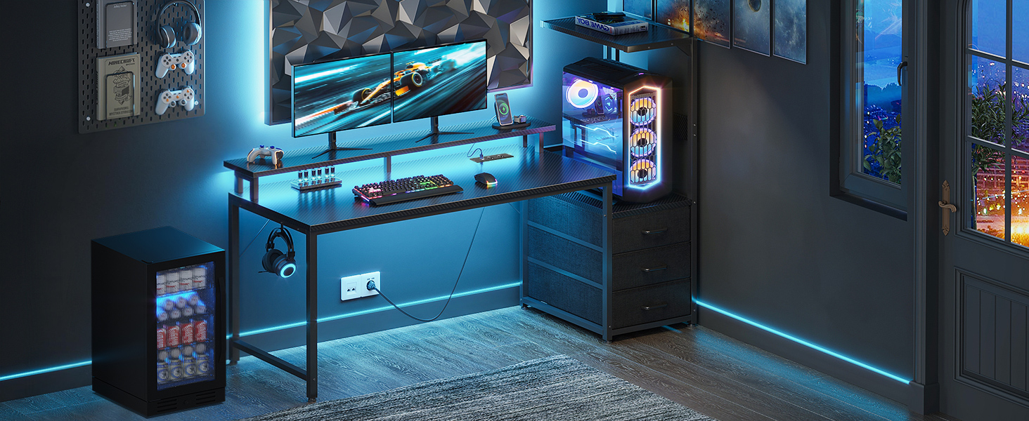 Ігровий стіл Coleshome з ящиками, 151x50 см, LED-підсвічуванням та розеткою, стіл для комп'ютера з полицями та підставкою для монітора, карбон, чорний