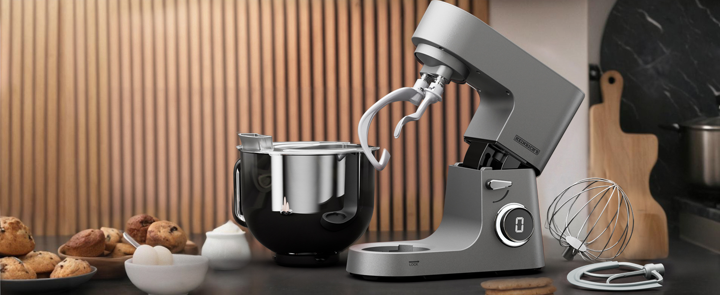 Кухонна машина Heinrichs 2500W з подвійним гаком для тіста, міксером та вінчиком, 8 швидкостей, чаша 8л з нержавіючої сталі, тиха, колір