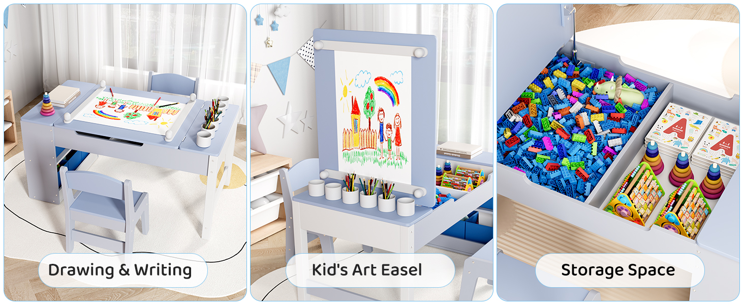 Дитячий стіл зі стільцями, комплект з дерева, дитяча група сидіння з місцем для зберігання, стіл для малювання з рулоном паперу, стіл для малювання та рукоділля для дітей від 3 років (Блакитний)