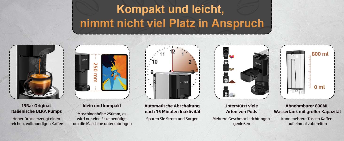Кавомашина KOTLIE Espresso 4-в-1 для NES/Dolce Gusto/меленої кави/ESE (44мм), 19 Бар, Чорна