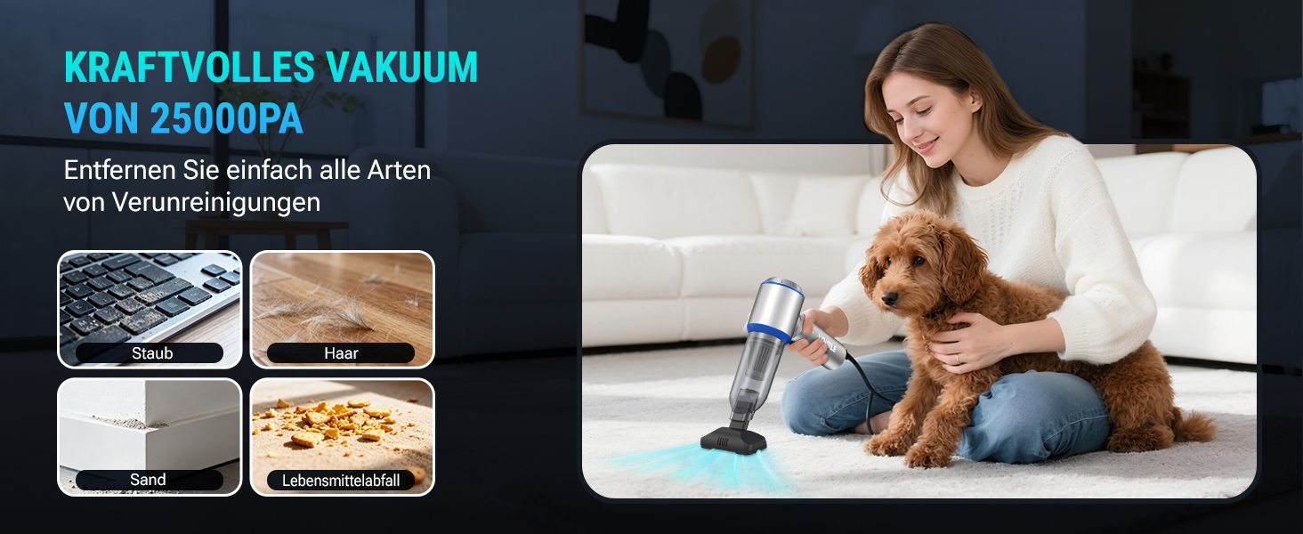 Акумуляторний ручний пилосмок Yomile 4 в 1, безщітковий двигун 25000Па, 3 рівні потужності для авто, дому, офісу та шерсті тварин