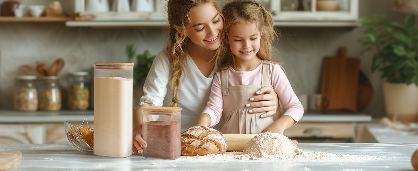 Набір герметичних скляних контейнерів для зберігання продуктів ComSaf з дерев'яними кришками, 3 шт по 1,7 л, банки для круп, мюслі та печива