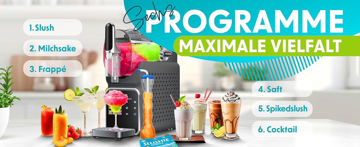 Машина для приготування сляш KESSER® - сляш-мейкер 2л - для сляш, коктейлів, фраппе, молочних коктейлів та замороженого соку - 25 хв та 6 програм - 3 стаканчика та книга рецептів в комплекті, антрацит